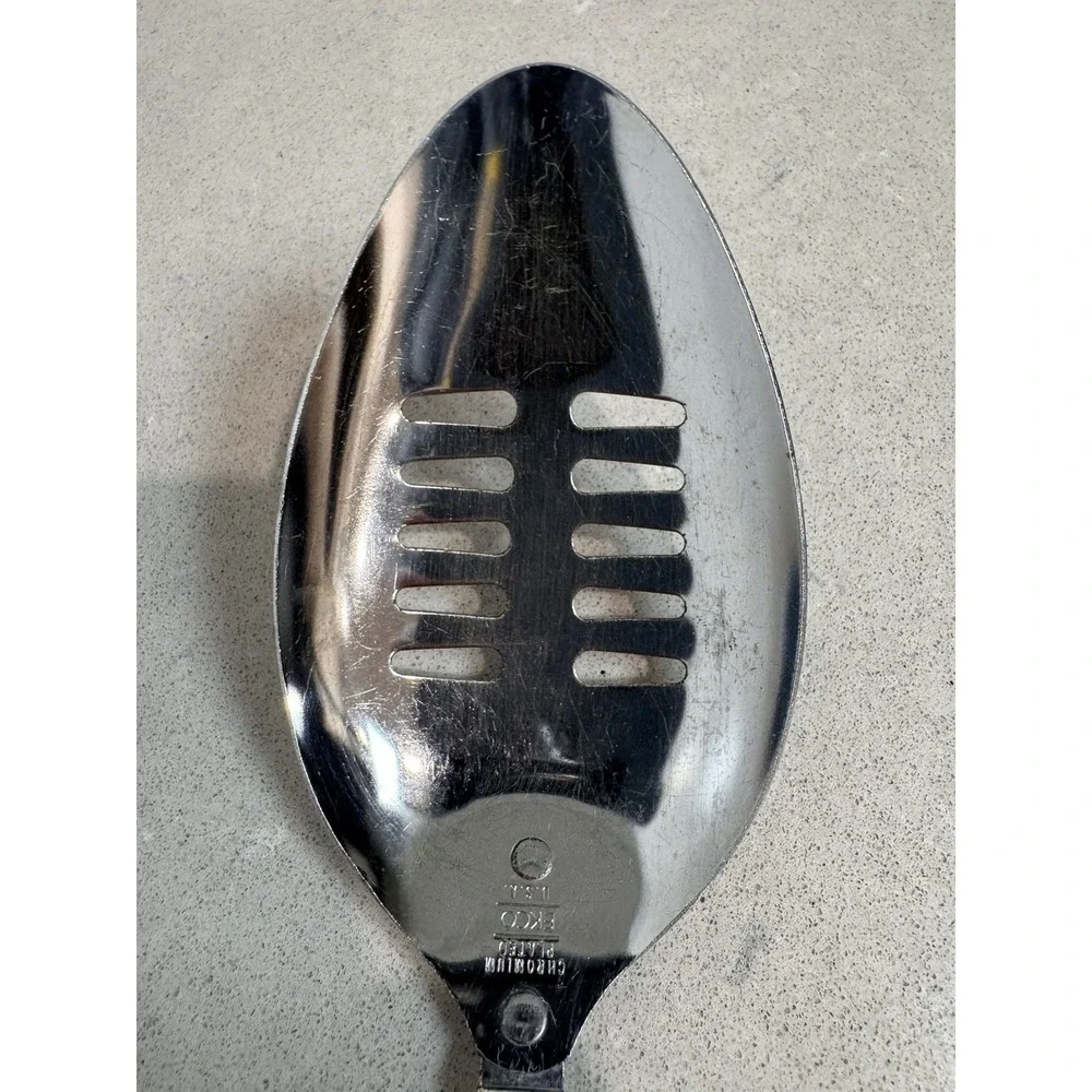 Vintage Ekco Slotted Serving Spoon Vegetable Design Handle Mushrooms MCM 12.25
